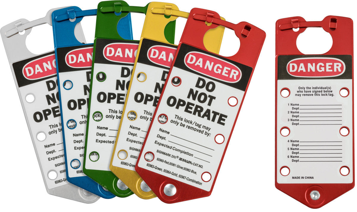 Brady® 7.512" X .309" X 1.57" Blue/Gold/Green/Red/Silver LOTO-34 Aluminum Snap-In with Interlocking Tabs "DANGER DO NOT OPERATE"-eSafety Supplies, Inc