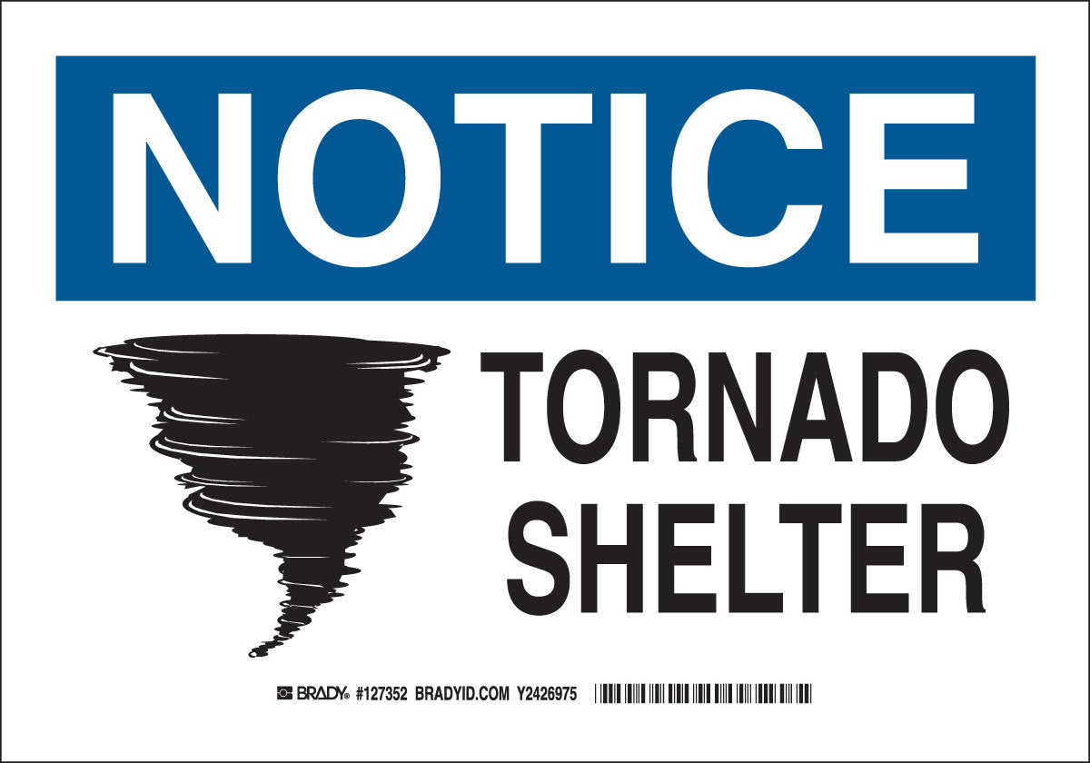 Brady® 7" X 10" X .006" Black/Blue On White .01" B-302 Polyester Safety Sign "TORNADO SHELTER"-eSafety Supplies, Inc