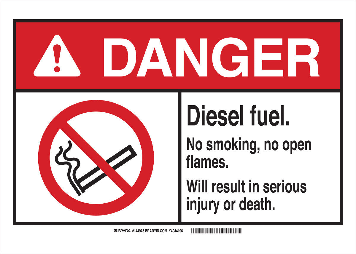 Brady® 10" X 14" X .06" Black/Red On White .0591" B-401 Polystyrene Safety Sign "DIESEL FUEL. NO SMOKING. NO OPEN FLAMES. WILL RESULT IN SERIOUS INJURY OR DEATH."-eSafety Supplies, Inc
