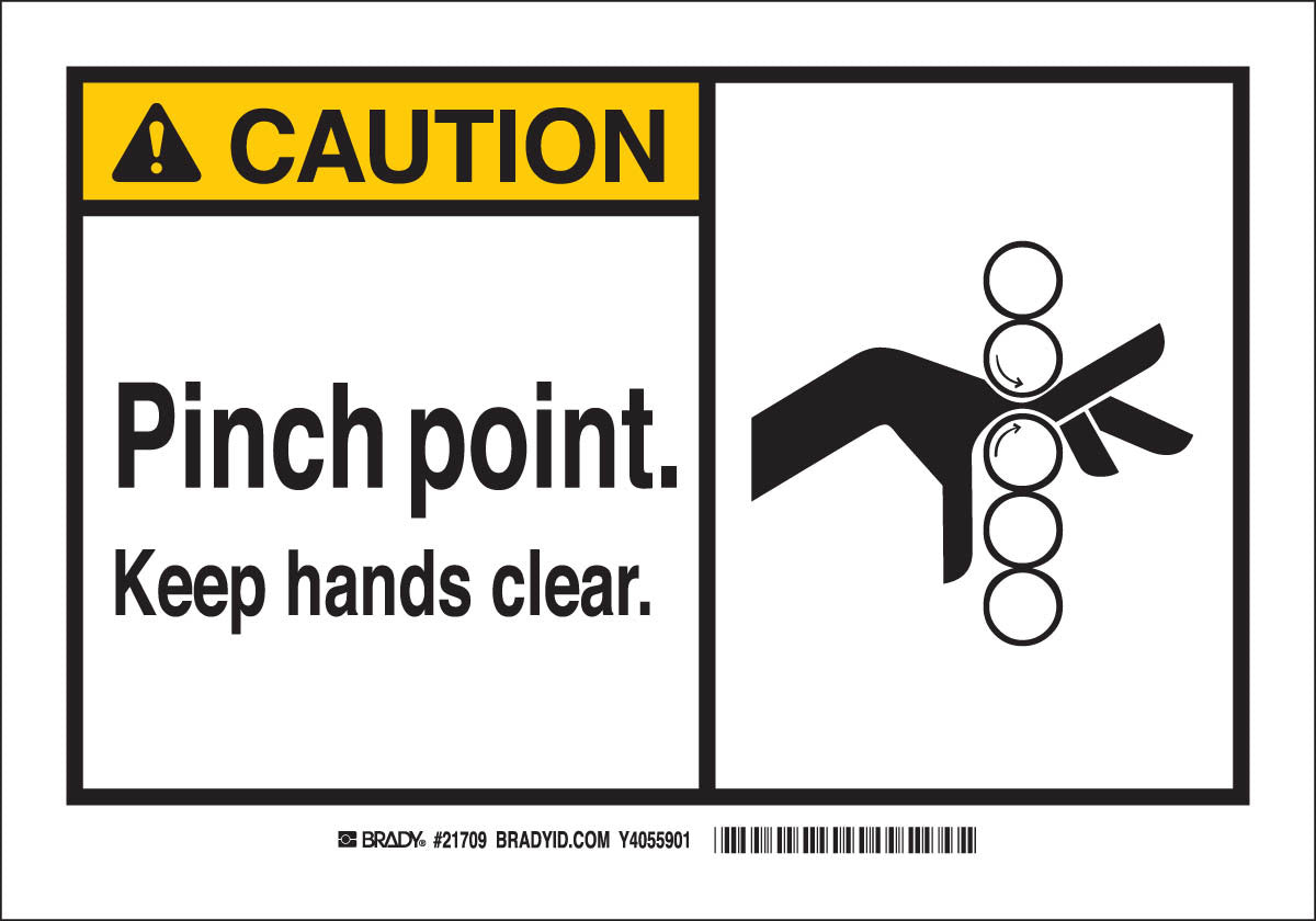 Brady® 7" X 10" X .006" Black On Yellow .01" B-302 Polyester Safety Sign "PINCH POINT KEEP HANDS CLEAR"-eSafety Supplies, Inc