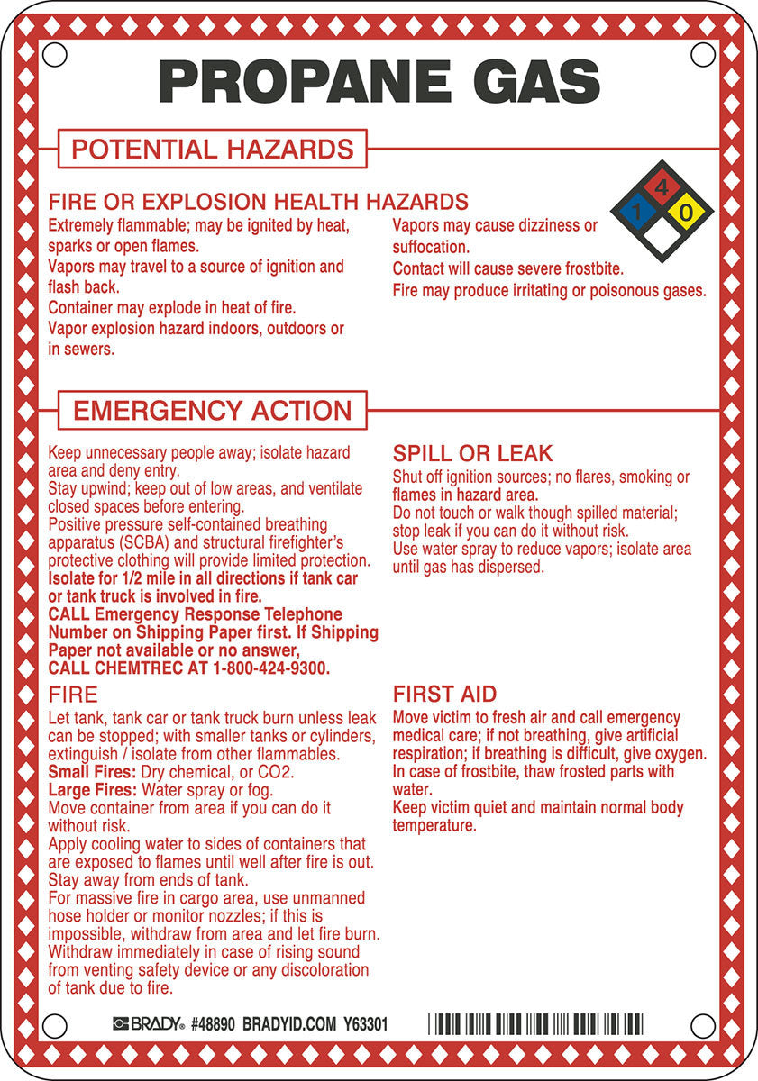Brady® 10" X 7" X 1/10" Black/Blue/Red/Yellow On White .0984" B-120 Fiberglass Safety Sign "PROPANE GAS POTENTIAL HAZARDS"-eSafety Supplies, Inc