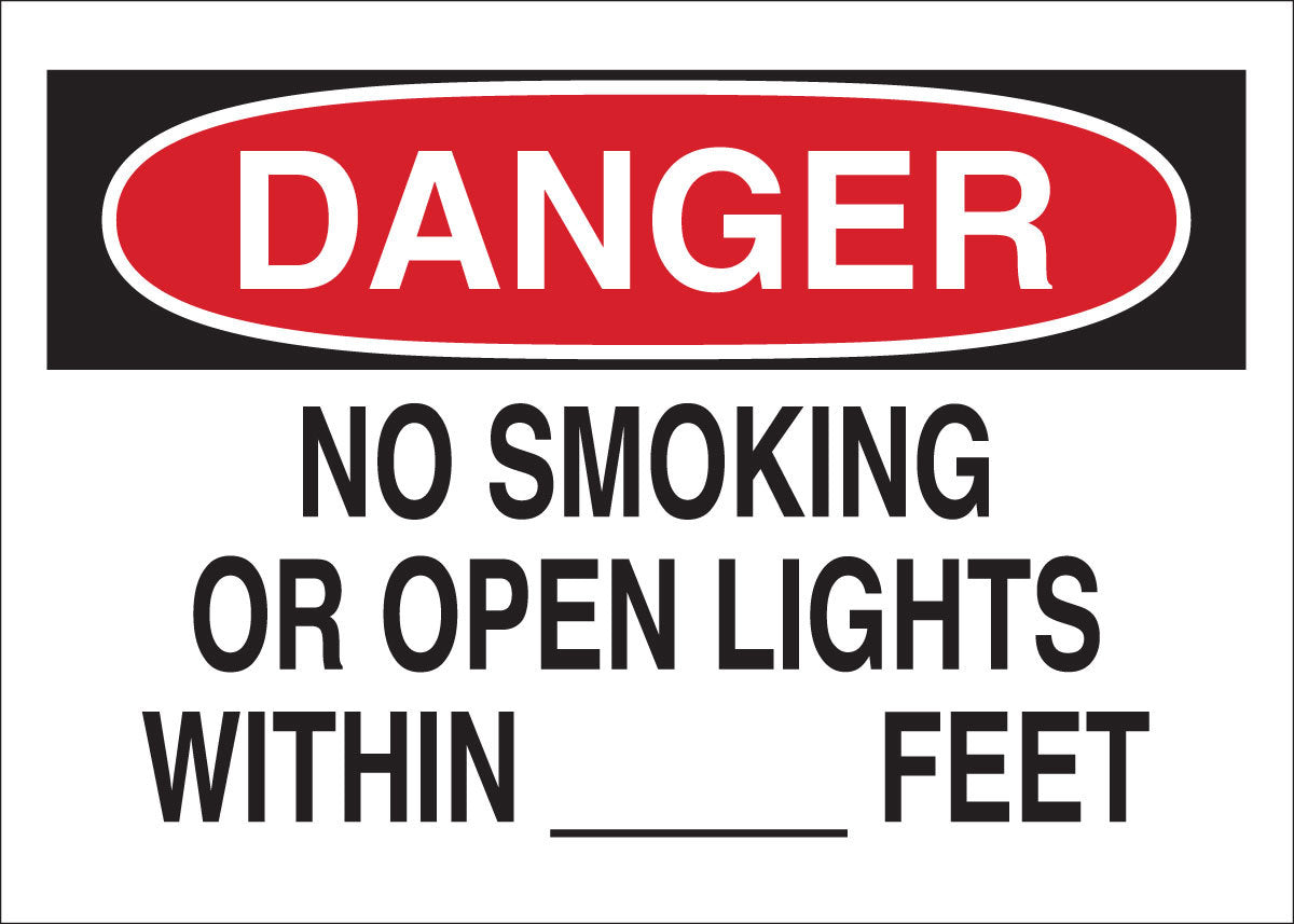 Brady® 10" X 14" X .06" Black/Red On White .0591" B-401 Polystyrene Danger Sign "DANGER NO SMOKING OR OPEN LIGHTS WITHIN __FEET"-eSafety Supplies, Inc