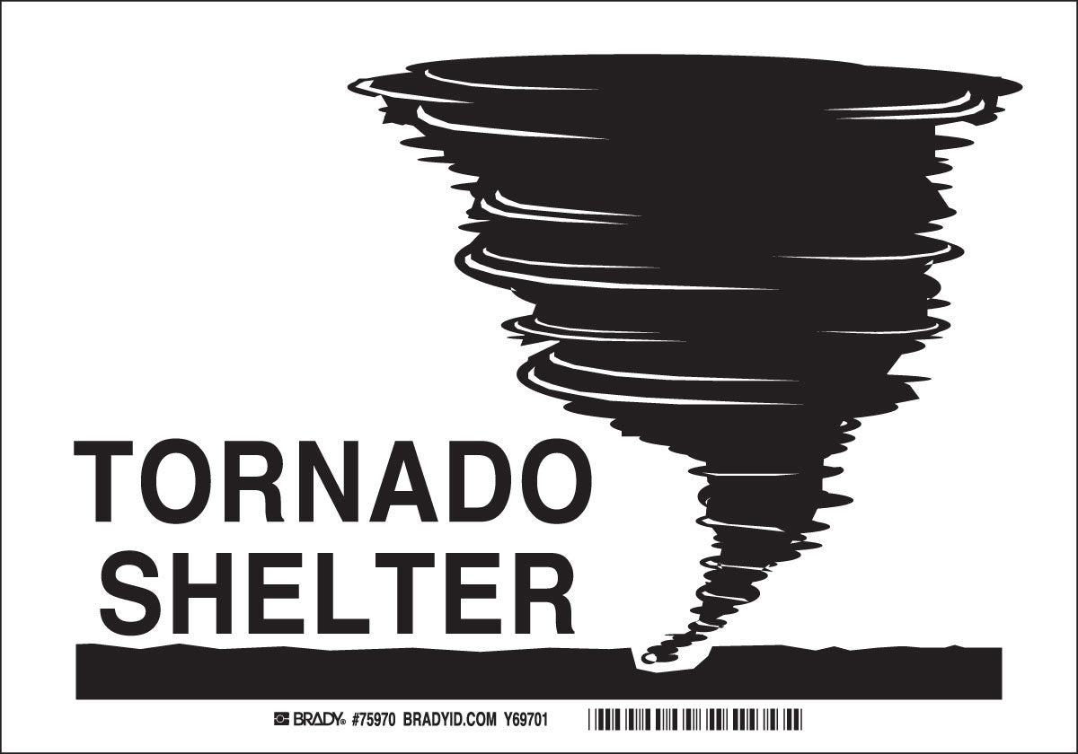 Brady® 10" X 14" X 1/10" Black On White .0984" B-120 Fiberglass Safety Sign "TORNADO SHELTER"-eSafety Supplies, Inc