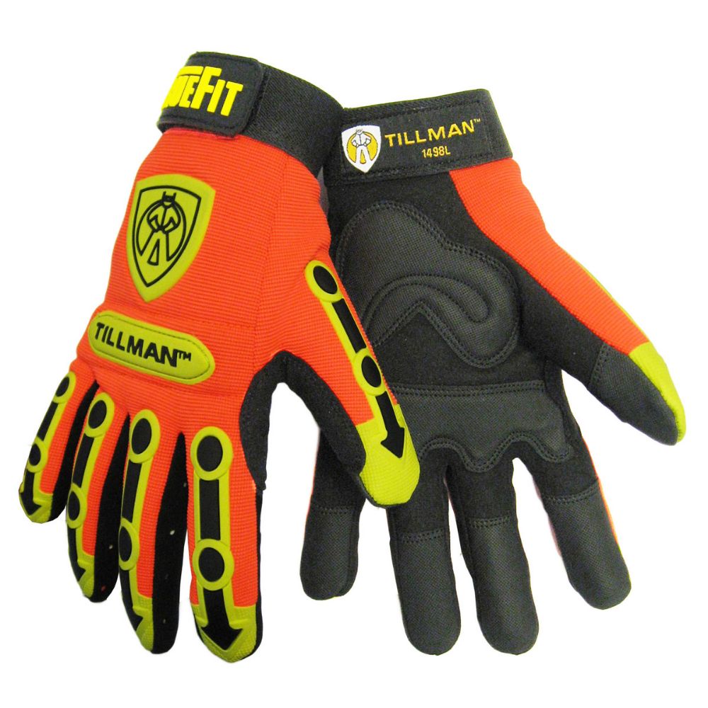 Tillman Orange, Black And Gold TrueFit Synthetic Leather And Spandex Full Finger Impact Protected Mechanics Gloves-eSafety Supplies, Inc