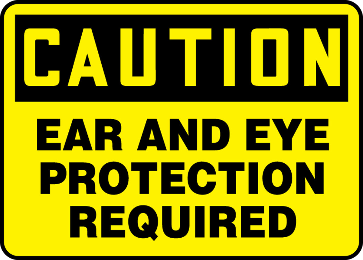 Accuform® 7" X 10" Black And Yellow Aluminum Safety Signs "CAUTION EAR AND EYE PROTECTION REQUIRED"-eSafety Supplies, Inc