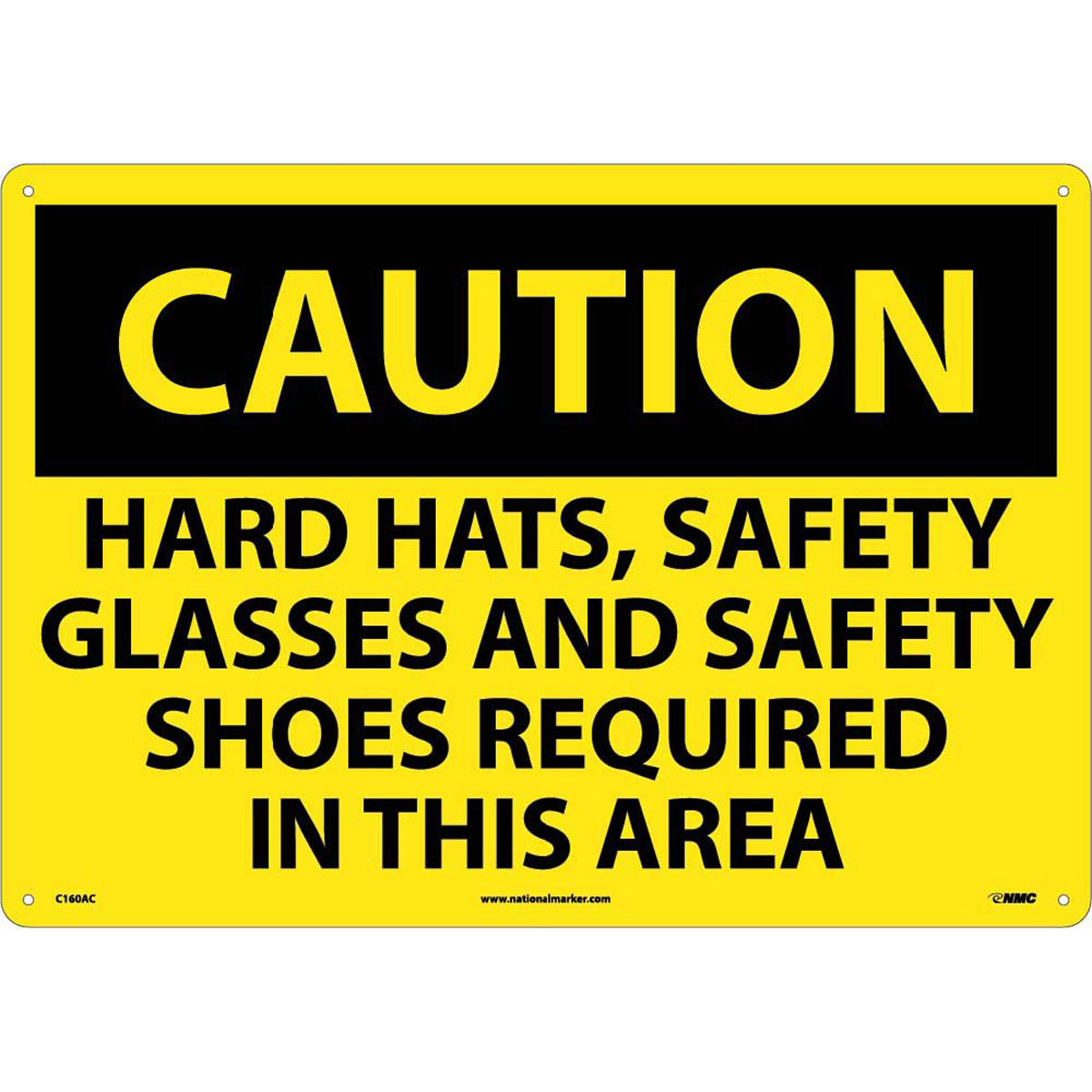 NM 14" X 20" Yellow .04" Aluminum Large Format Personal Protective Equipment Sign "CAUTION HARD HATS SAFETY GLASSES AND SAFETY SHOES REQUIRED IN THIS AREA"-eSafety Supplies, Inc