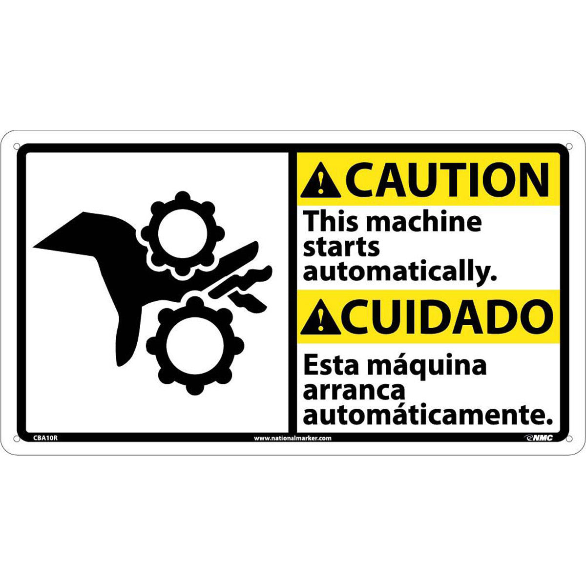NM 10" X 18" White .05" Rigid Plastic Spanish/English Bilingual Sign "This machine starts automatically. Esta máquina arranca automáticamente."-eSafety Supplies, Inc