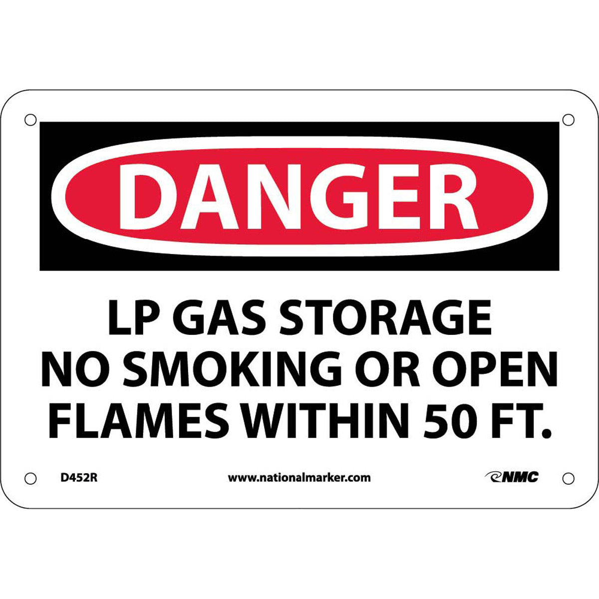 NM 7" X 10" White .05" Rigid Plastic Smoking Control Sign "DANGER LP GAS STORAGE NO SMOKING OR OPEN FLAMES WITHIN 50 FT."-eSafety Supplies, Inc