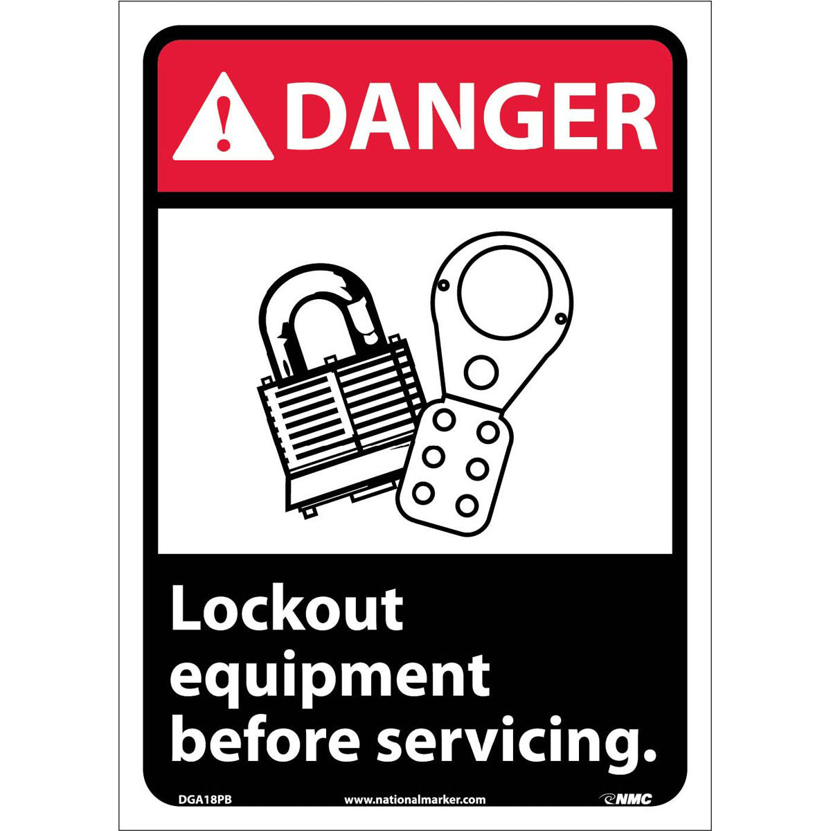 NM 14" X 10" White .0045" Pressure Sensitive Vinyl Danger Lockout Sign "DANGER Lock out equipment before servicing."-eSafety Supplies, Inc
