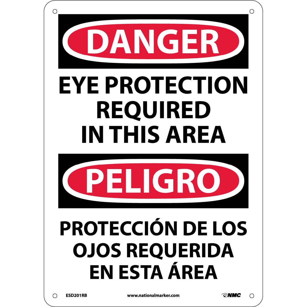 NM 14" X 10" White .05" Rigid Plastic Spanish/English Bilingual Sign "EYE PROTECTION REQUIRED IN THIS AREA PROTECCIÓN DE LOS OJOS REQUERIDA EN ESTA ÁREA"-eSafety Supplies, Inc