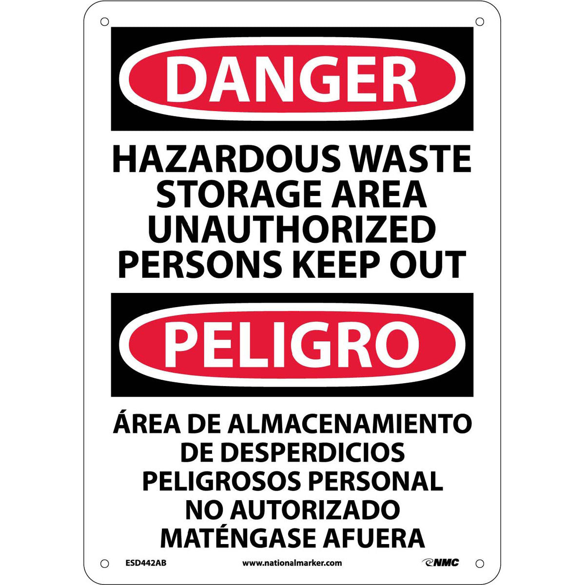 NM 14" X 10" White .04" Aluminum Spanish/English Bilingual Sign "HAZARDOUS WASTE STORAGE AREA UNAUTHORIZED PERSONS KEEP OUT ÁREA DE ALMACENAMIENTO DE DESPERDICIOS PELIGROSOS PERSONAL NO AUTORIZADO MANTÉNGASE AFUERA"-eSafety Supplies, Inc