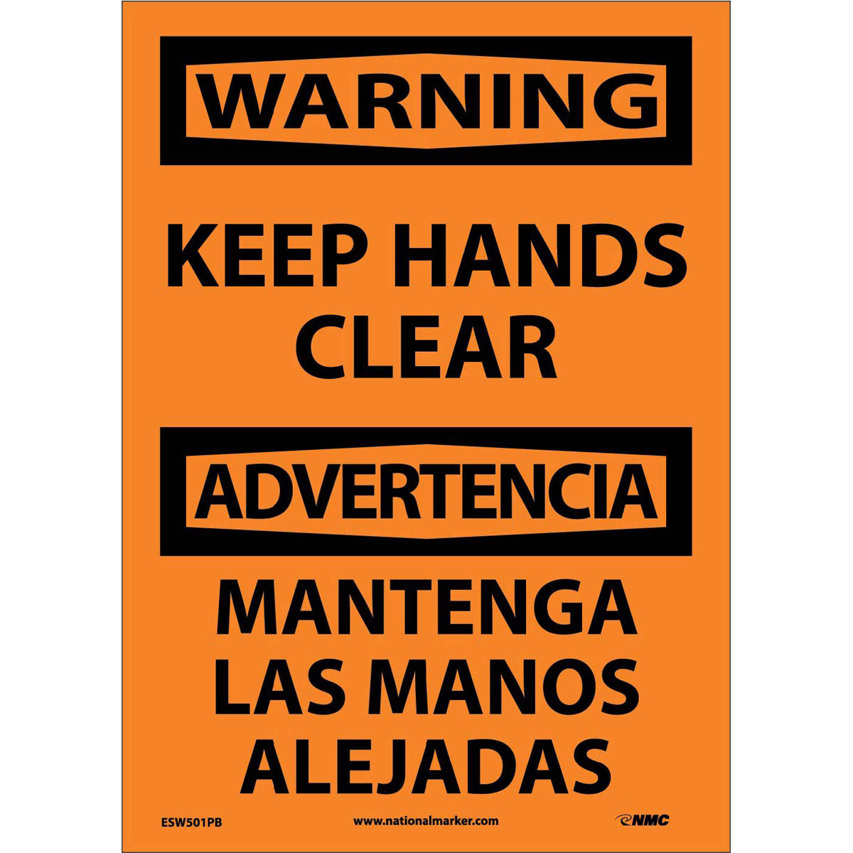 NM 14" X 10" Orange .0045" Pressure Sensitive Vinyl Spanish/English Bilingual Sign "KEEP HANDS CLEAR MANTENGA LAS MANOS ALEJADAS"-eSafety Supplies, Inc
