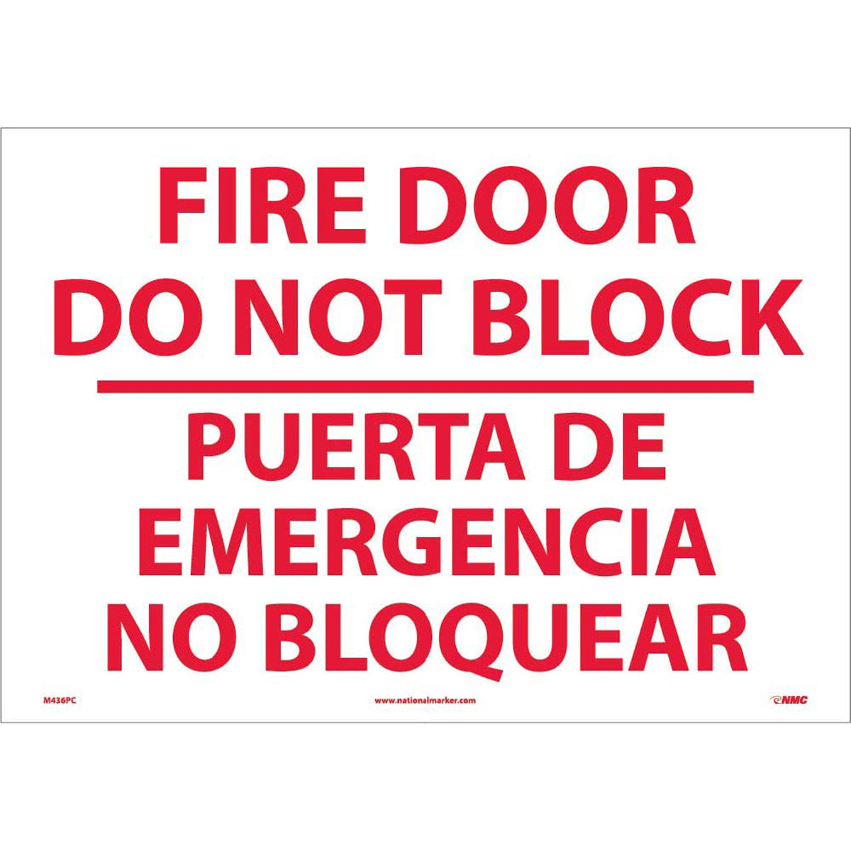 NM 14" X 20" White .0045" Pressure Sensitive Vinyl Spanish/English Bilingual Sign "FIRE DOOR DO NOT BLOCK PUERTA DE EMERGENCIA NO BLOQUEAR"-eSafety Supplies, Inc