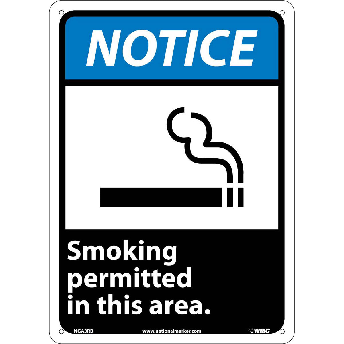 NM 14" X 10" White .05" Rigid Plastic Smoking Control Sign "NOTICE Smoking permitted in this area."-eSafety Supplies, Inc