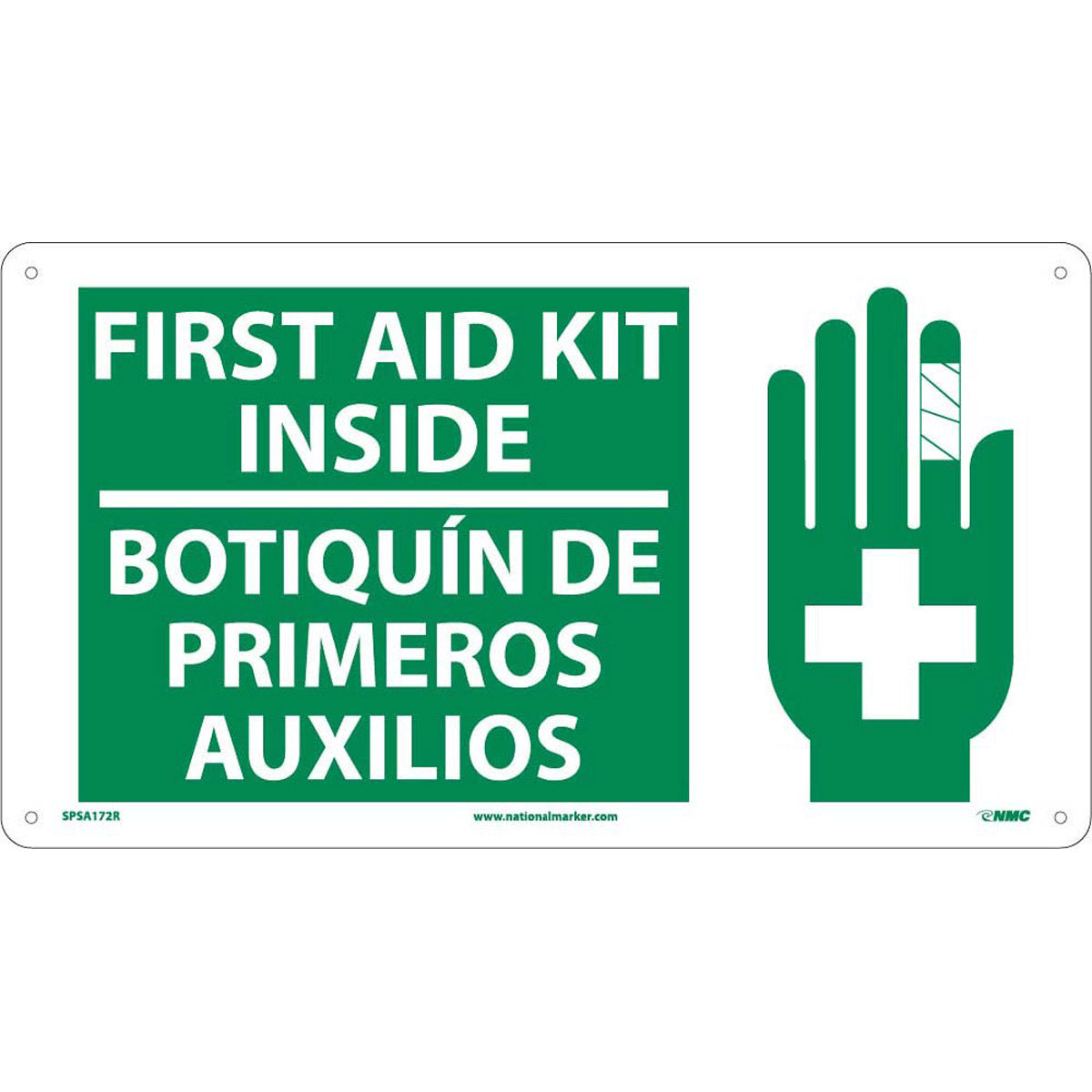 NM 10" X 18" White .05" Rigid Plastic Spanish/English Bilingual Sign "FIRST AID KIT INSIDE BOTIQUIN DE PRIMERO AUXILIOS"-eSafety Supplies, Inc