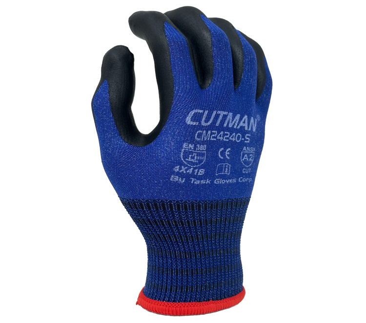Task Gloves - CUTMAN® - 15 Gauge Blue Nylon w/ Glass fiber shell, Black Foam Nitrile palm coated, Touchscreen compatible, ANSI Cut A2 - Dozen