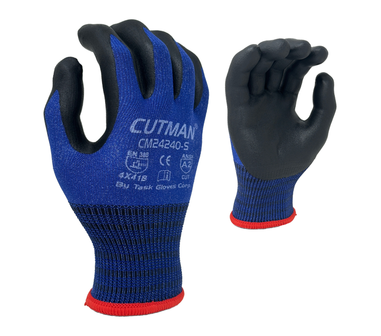 Task Gloves - CUTMAN® - 15 Gauge Blue Nylon w/ Glass fiber shell, Black Foam Nitrile palm coated, Touchscreen compatible, ANSI Cut A2 - Dozen