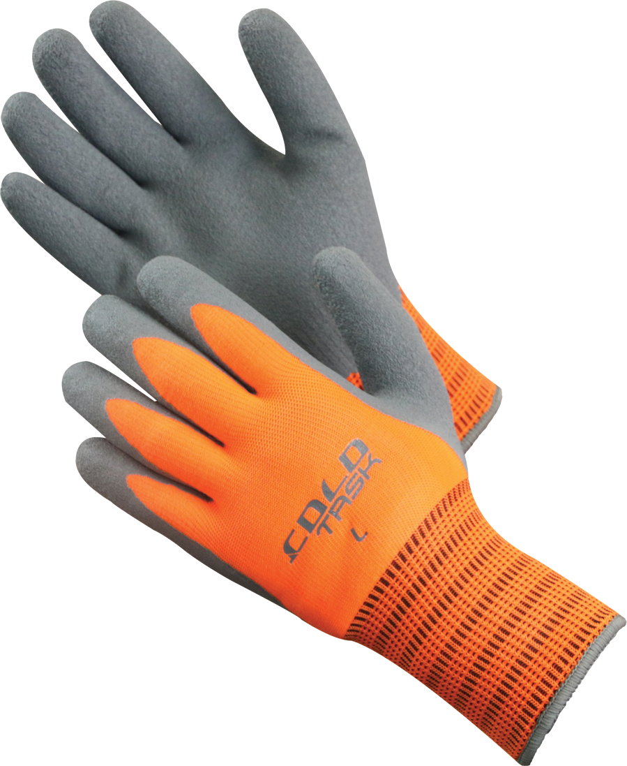 Task Gloves-Cold Task - Heavy Thermal Coated Hi-Vis Orange, Double layered acrylic insulation, Latex coating palm and fingers