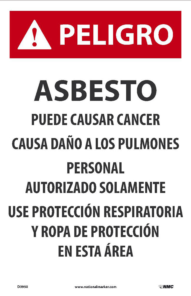 Peligro,Asbesto Puede Causar Cancer,Spanish,17X11,Paper, 100/Pk - D3950-eSafety Supplies, Inc