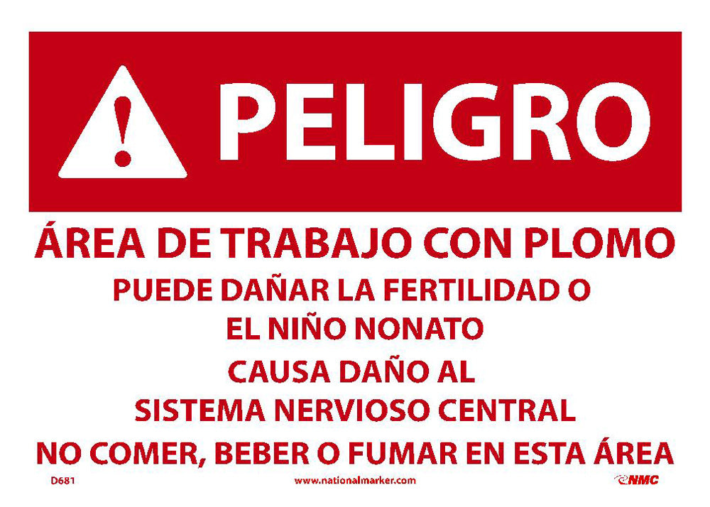Peligro,Area De Trabajo Con Plomo,Spanish,10X14,Paper, 100/Pk - D681-eSafety Supplies, Inc