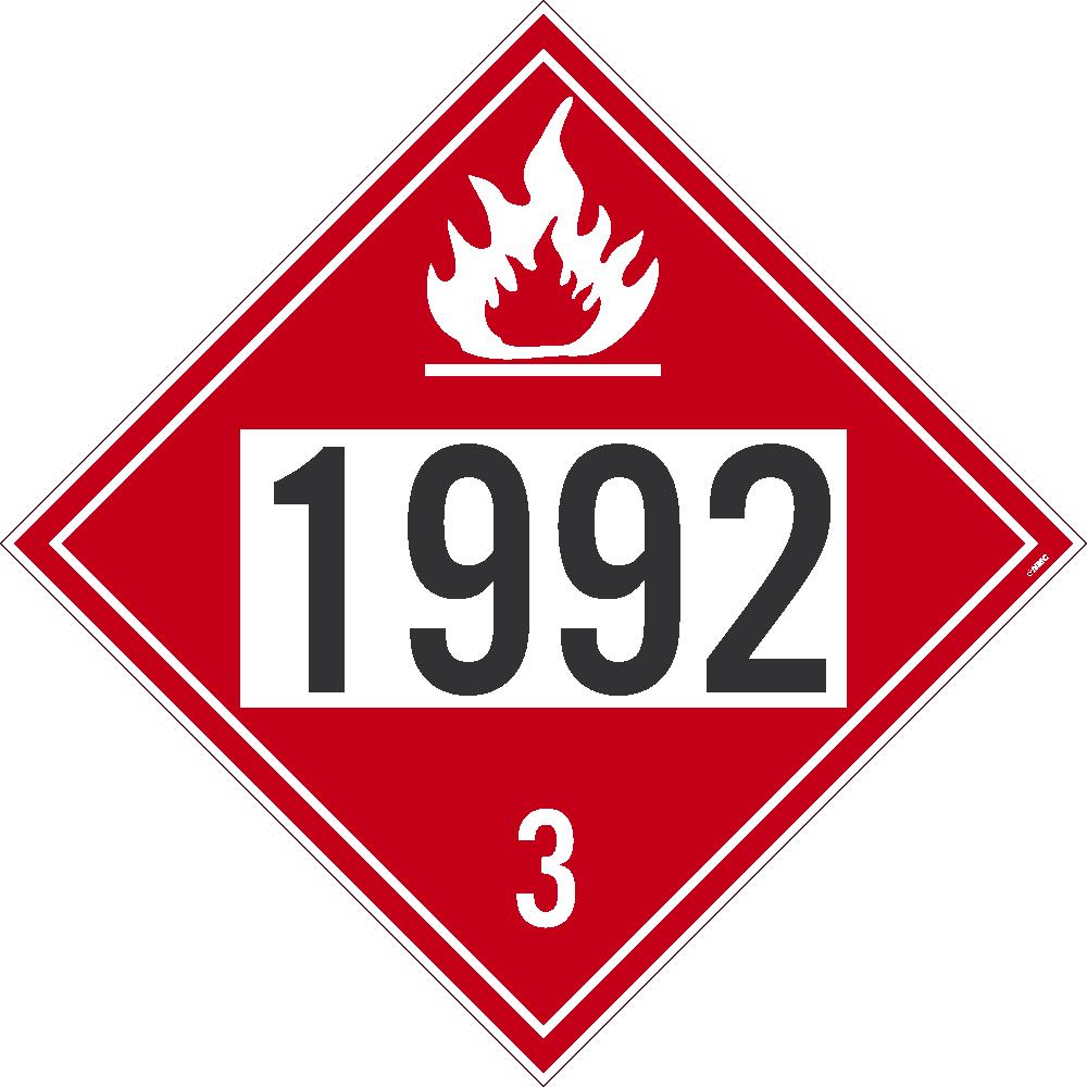 Placard, Flammable 1992 3, 10.75X10.75, Pvc, Flexible Pvc, .015 Unrippable Vinyl, Pack 100 - DL183UV100-eSafety Supplies, Inc