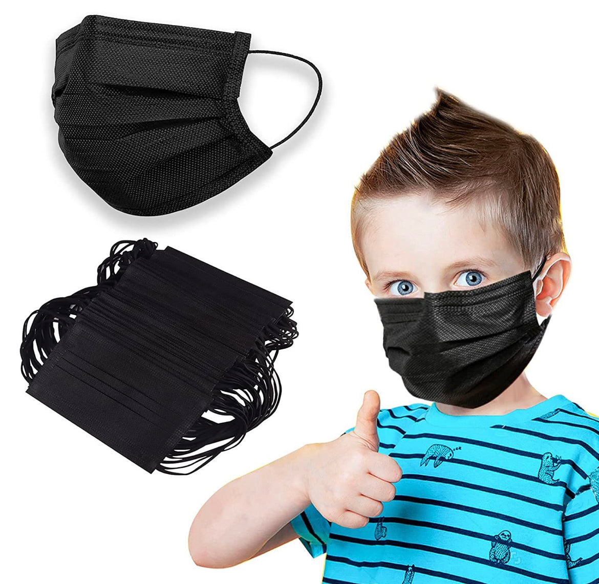 3PLY Kids Mask Black with white inner lining (50 pieces)-eSafety Supplies, Inc