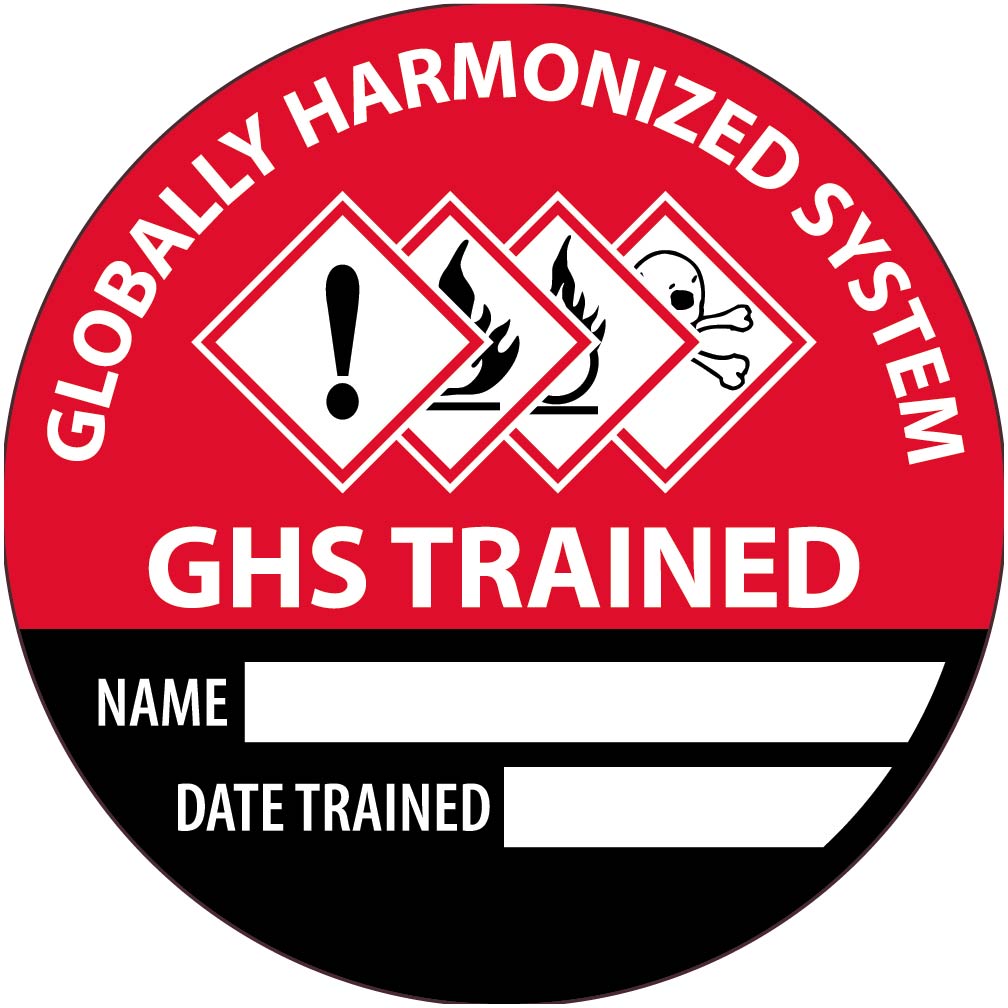Hard Hat Label, Globally Harmonized System Ghs Trained Name Date Trained, 2" Dia, Reflective Ps Vinyl, 25/Pk - HH144R-eSafety Supplies, Inc