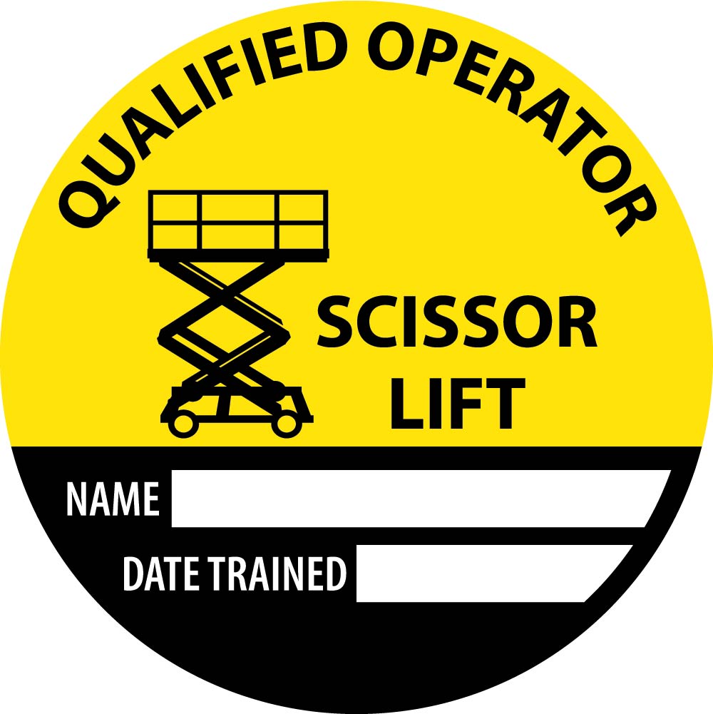 Hard Hat Label, Safety Trained Scissor Lift Name Date Trained, 2" Dia, Reflective Ps Vinyl, 25/Pk - HH148R-eSafety Supplies, Inc