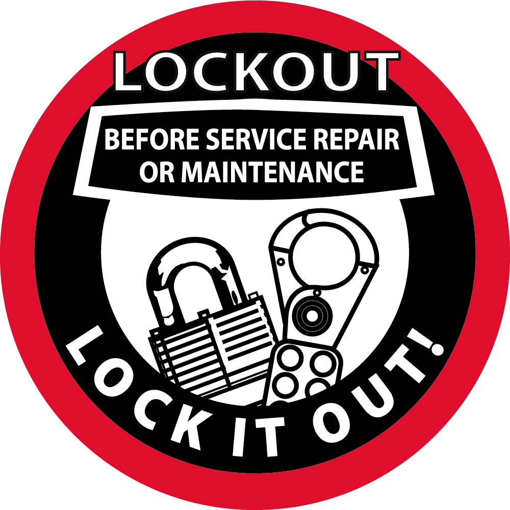 Hard Hat Label, Lockout Before Service Repair Or Maintenance Lock It Out,2"Dia. Reflective Ps Vinyl, 25/Pk - HH74R-eSafety Supplies, Inc