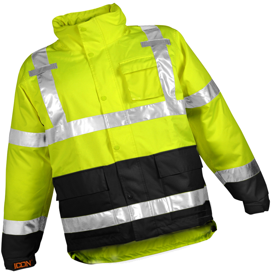 Icon™ Jacket - Type R Class 3 - Fluorescent Yellow-Green-Black - Attached Hood - Silver Reflective Tape-eSafety Supplies, Inc