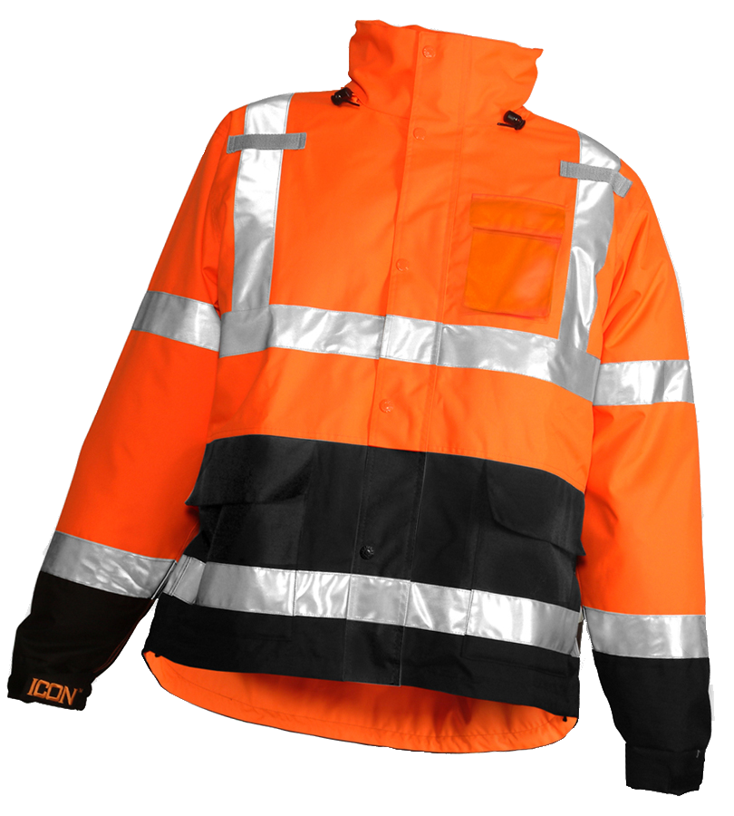 Icon™ Jacket - Type R Class 3 - Fluorescent Orange-Red-Black - Attached Hood - Silver Reflective Tape-eSafety Supplies, Inc