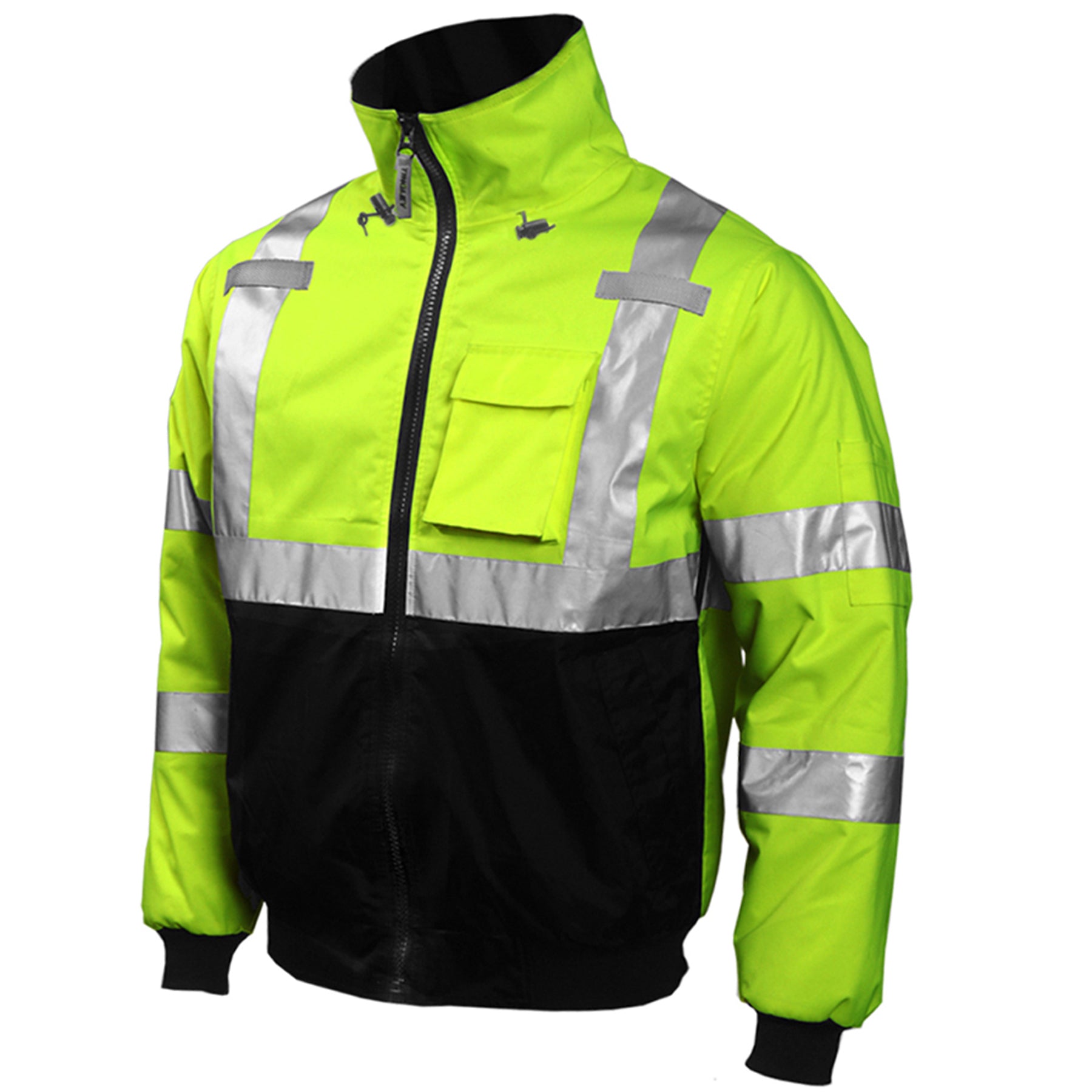Bomber Jacket - Type R Class 3 - Fluorescent Yellow-Green-Black - Silver Reflective Tape - Insulated Fleece Liner - Attached Hood-eSafety Supplies, Inc