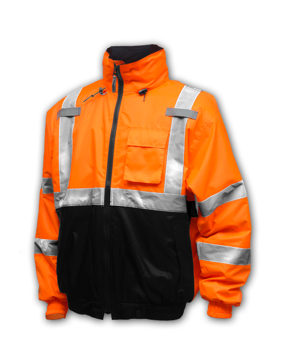 Bomber II™ Jacket - Type R Class 3 - Fluorescent Orange-Red-Black - Silver Reflective Tape - Polyester Quilted Liner - Attached Hood-eSafety Supplies, Inc