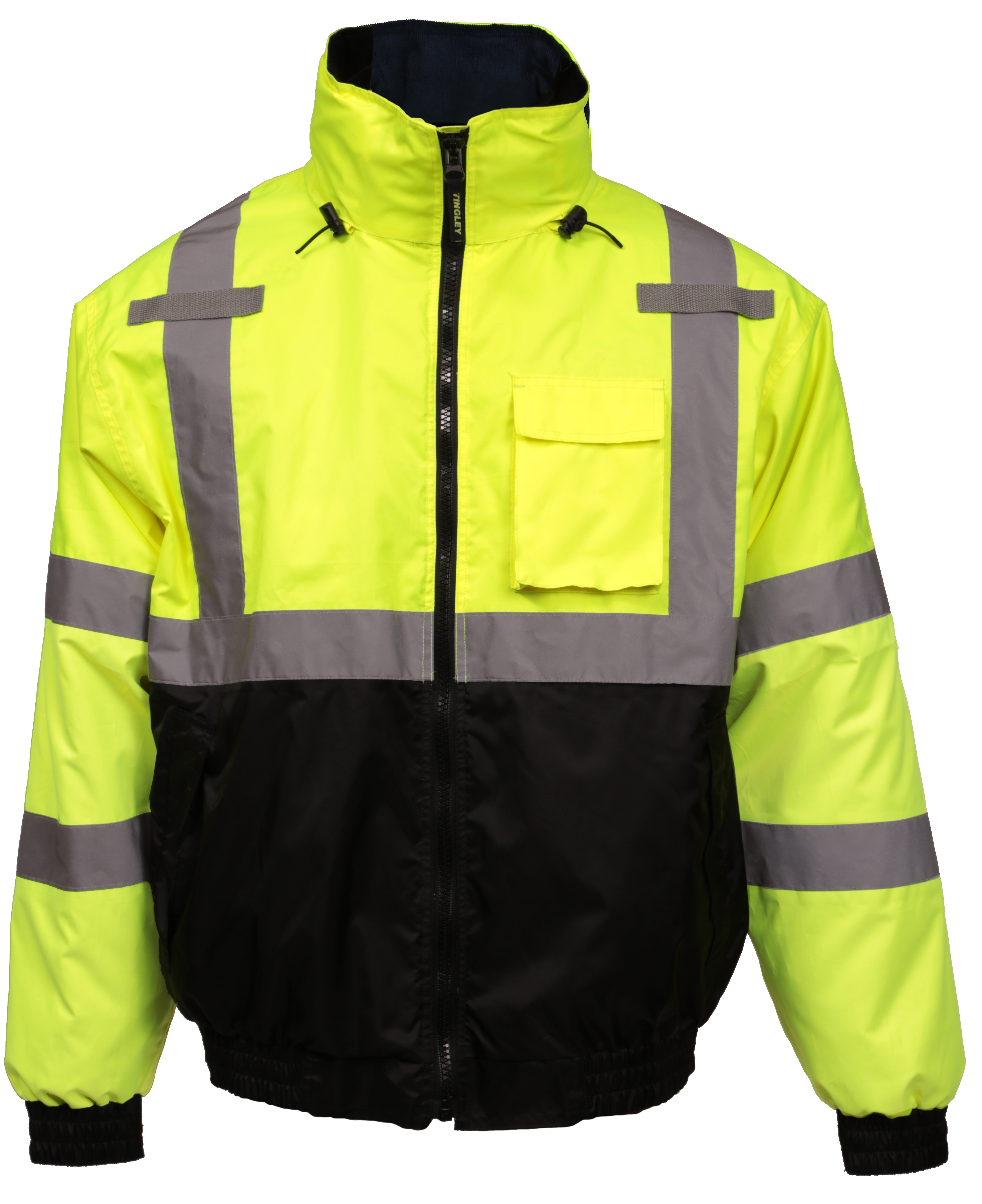 Bomber 3.1™ Jacket - Type R Class 3 - Fluorescent Yellow-Green-Black - Silver Reflective Tape - Polyester Quilted Liner - Attached Hood-eSafety Supplies, Inc