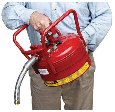 Justrite 5 Gallon Red AccuFlow Galvanized Steel Type II Vented Safety Can With Flame Arrester, 1" Metal Hose And Roll Bar-eSafety Supplies, Inc