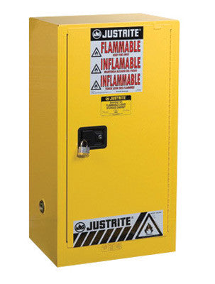 Justrite 15 Gallon Yellow Sure-Grip EX 18 Gauge Cold Rolled Steel Compact Safety Cabinet With  Self-Closing Door And  Shelf