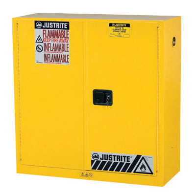 Justrite 43" W X 44" H X 18" D 30 Gallon Yellow Sure-Grip EX 18 Gauge Cold Rolled Steel Safety Cabinet With Manual Close Doors And Shelf-eSafety Supplies, Inc