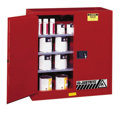 Justrite 40 Gallon Red Sure-Grip EX 18 Gauge Cold Rolled Steel Safety Cabinet With Manual Close Doors And Shelves-eSafety Supplies, Inc