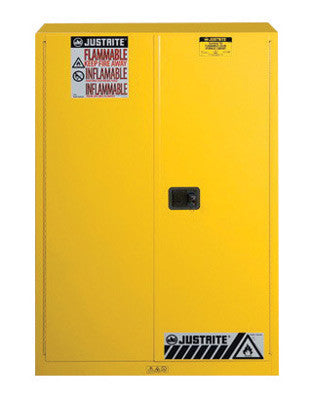 Justrite 45 Gallon Yellow Sure-Grip EX 18 Gauge Cold Rolled Steel Safety Cabinet With Manual Close Doors And Shelves-eSafety Supplies, Inc