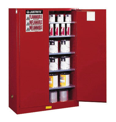 Justrite 60 Gallon Red Sure-Grip EX 18 Gauge Cold Rolled Steel Safety Cabinet With Manual Close Doors And Shelves-eSafety Supplies, Inc