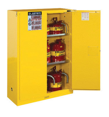 Justrite 45 Gallon Yellow Sure-Grip EX 18 Gauge Cold Rolled Steel Safety Cabinet With Self-Closing Doors And Shelves-eSafety Supplies, Inc