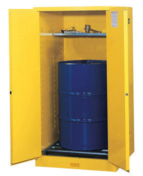 Justrite 55 Gallon Yellow Sure-Grip EX 18 Gauge Cold Rolled Steel Vertical Drum Safety Cabinet With Self-Closing Doors, Shelf And Drum Rollers-eSafety Supplies, Inc