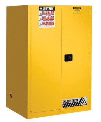 Justrite 90 Gallon Yellow Sure-Grip EX 18 Gauge Cold Rolled Steel Vertical Drum Safety Cabinet With Self-Closing Doors And Shelves-eSafety Supplies, Inc