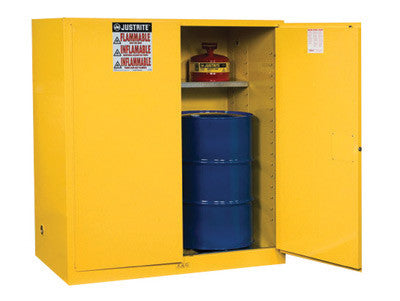 Justrite 110 Gallon Yellow Sure-Grip EX 18 Gauge Cold Rolled Steel Vertical Drum Safety Cabinet With Manual Close Doors And Shelf And Drum Support-eSafety Supplies, Inc