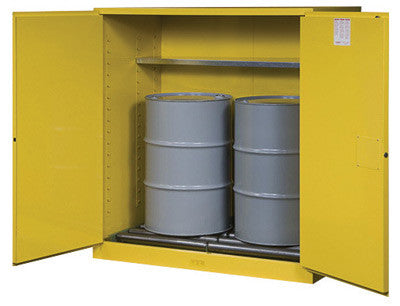 Justrite 110 Gallon Yellow Sure-Grip EX 18 Gauge Cold Rolled Steel Vertical Drum Safety Cabinet With Manual Close Doors And Shelf And Drum Rollers-eSafety Supplies, Inc