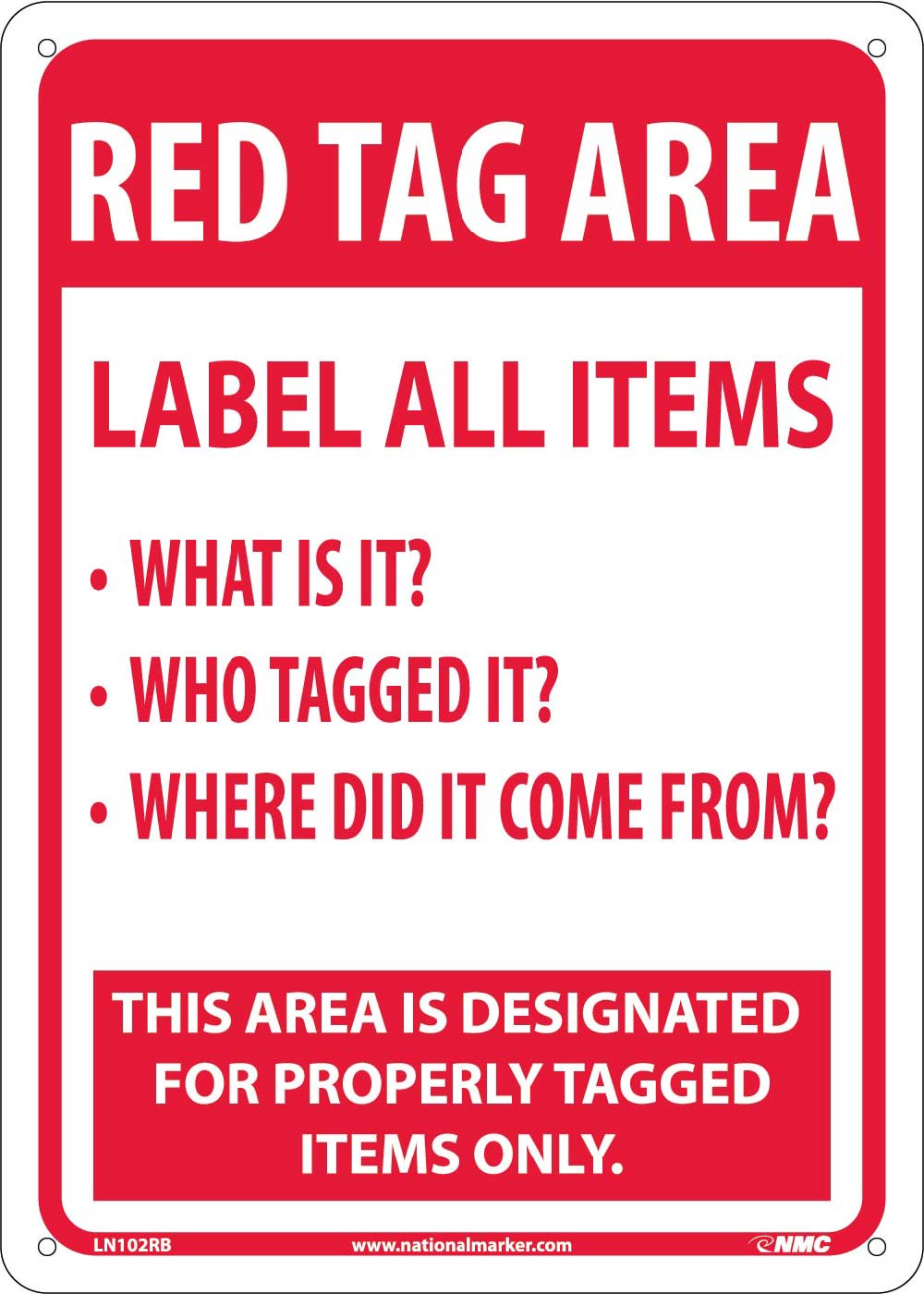 Red Tag Area Label All Items, 14X10, Rigid Plastic - LN102RB-eSafety Supplies, Inc