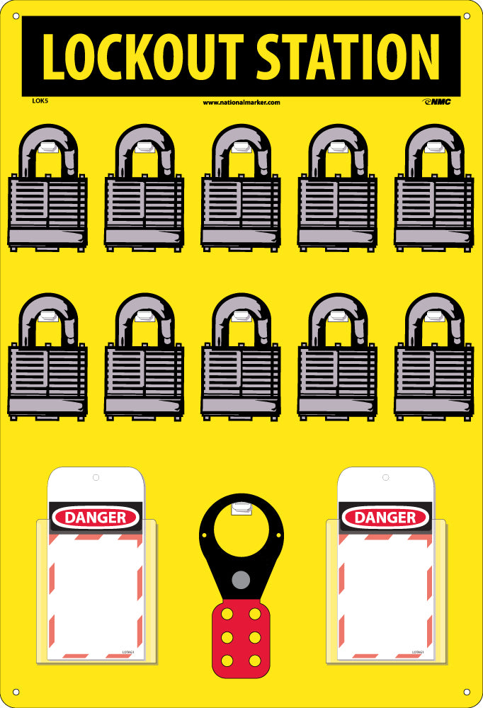 10 Padlock Station Backboard 15X22 10 Steel Padlocks (2) Packs Of 25 Lockout Tags (1) 1 Steel Hasp (1) 1.5 Steel Hasp - LOK5-eSafety Supplies, Inc