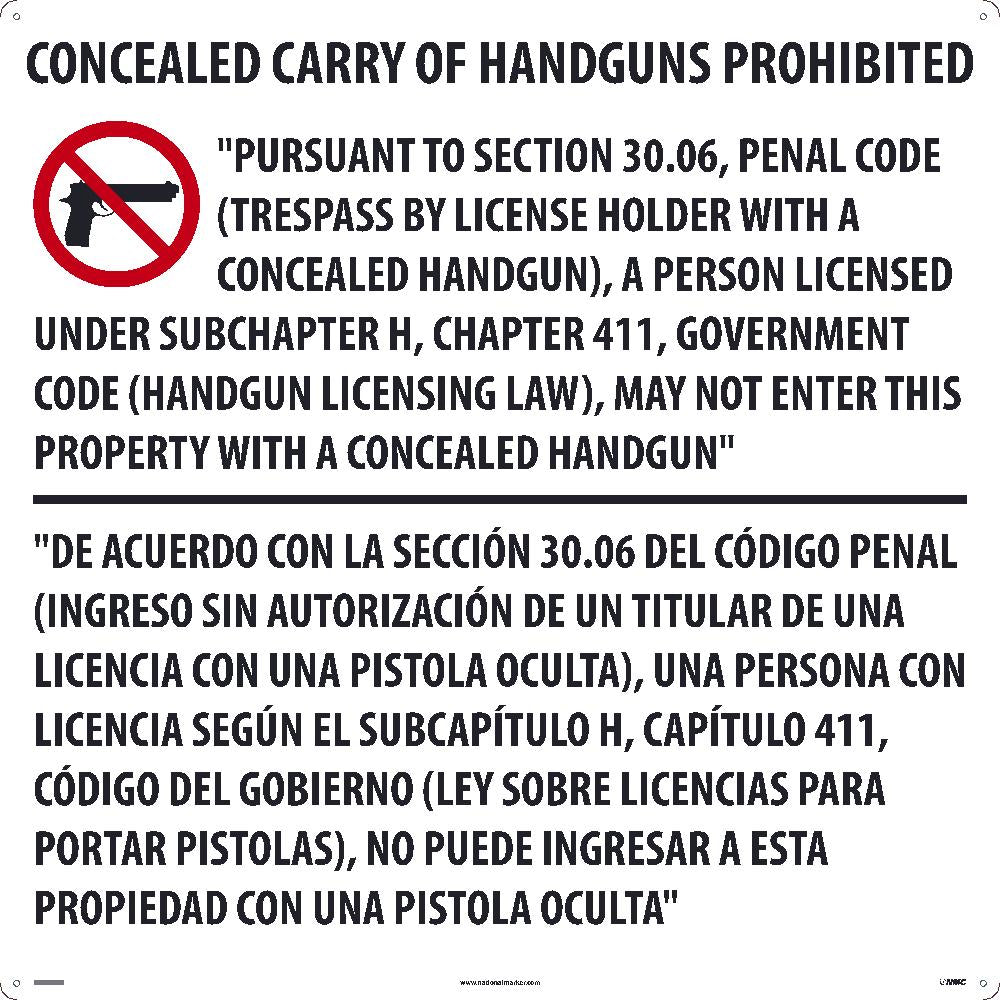 30X30, Texas Concealed Handgun Prohibited Sign, Aluminum Composite Panel(Acp.125) - M460ACP-eSafety Supplies, Inc