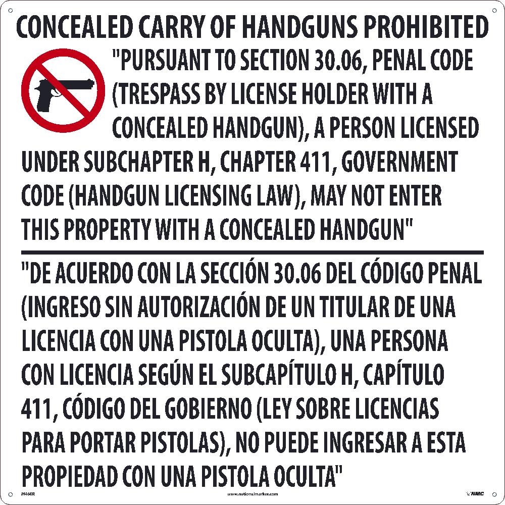 24 X 24 , Texas Concealed Handgun Prohibiited Sign, .050 Rigid Plastic - M460R-eSafety Supplies, Inc