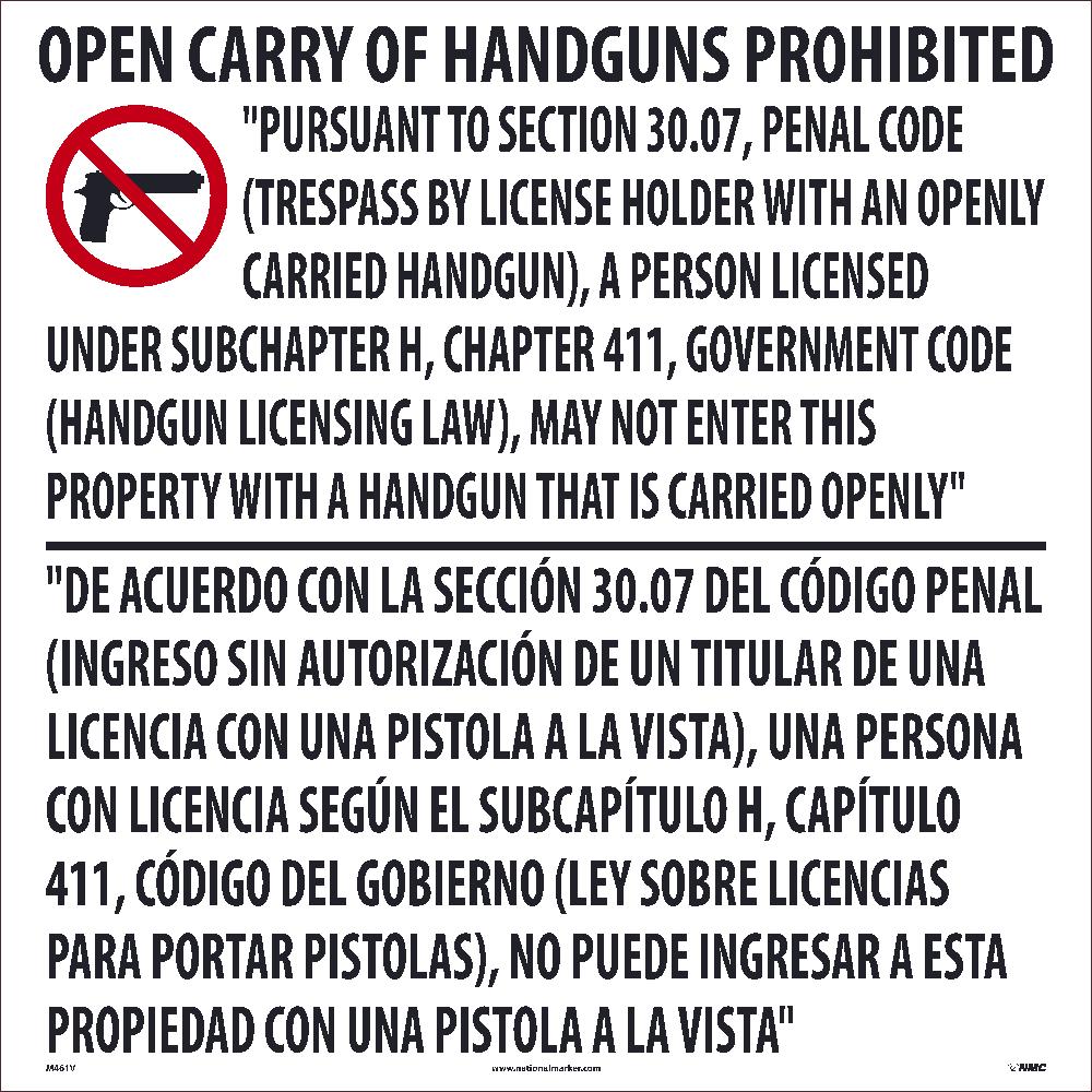 Texas Open Carry Handgun Prohibited Sign, 24 X 24, Clear Vinyl Label - M461V-eSafety Supplies, Inc
